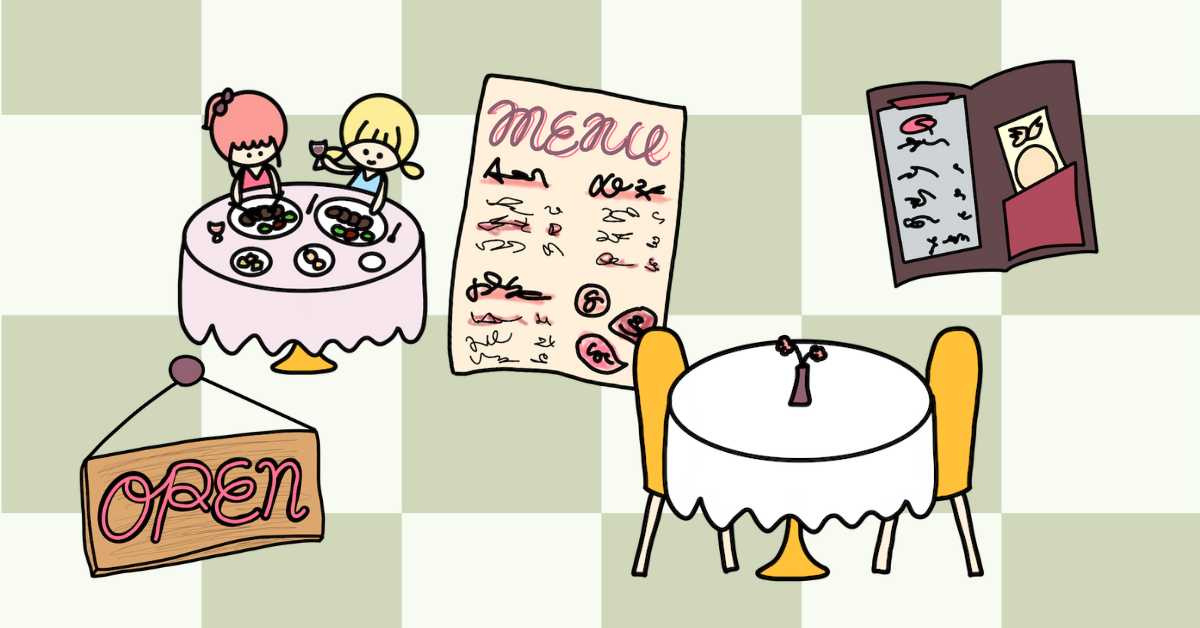 cartoon image of opened restaurant seats and menu and check with two characters eating food