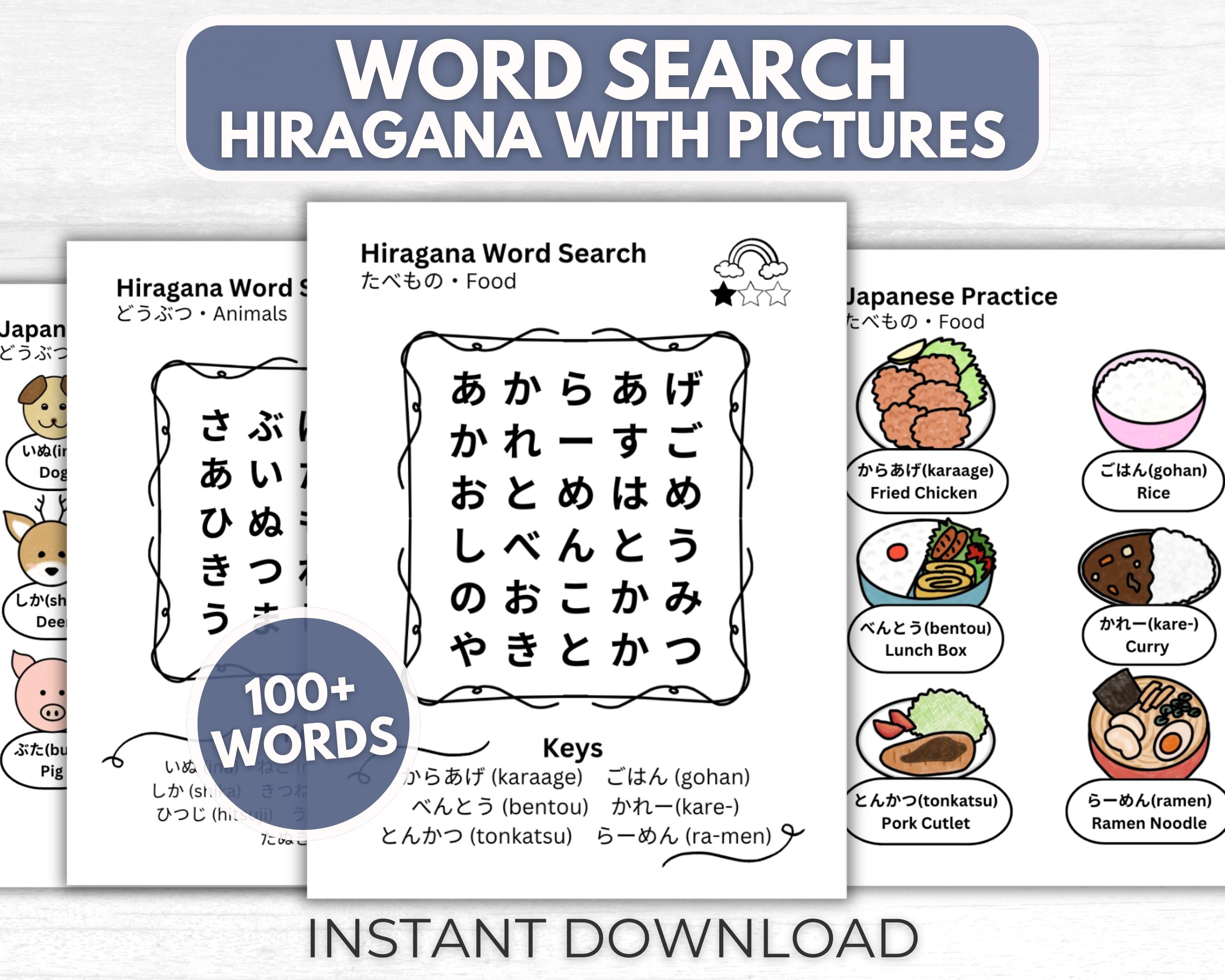promotional image of Japanese workbook about learning Hiragana with pictures and 100 word search games