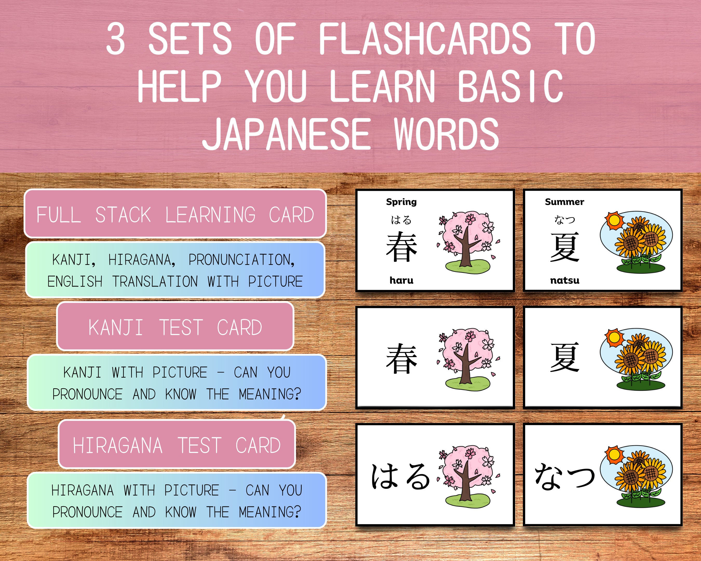 Flashcards for learning basic Japanese words with kanji, hiragana, and English translations on a wooden surface.