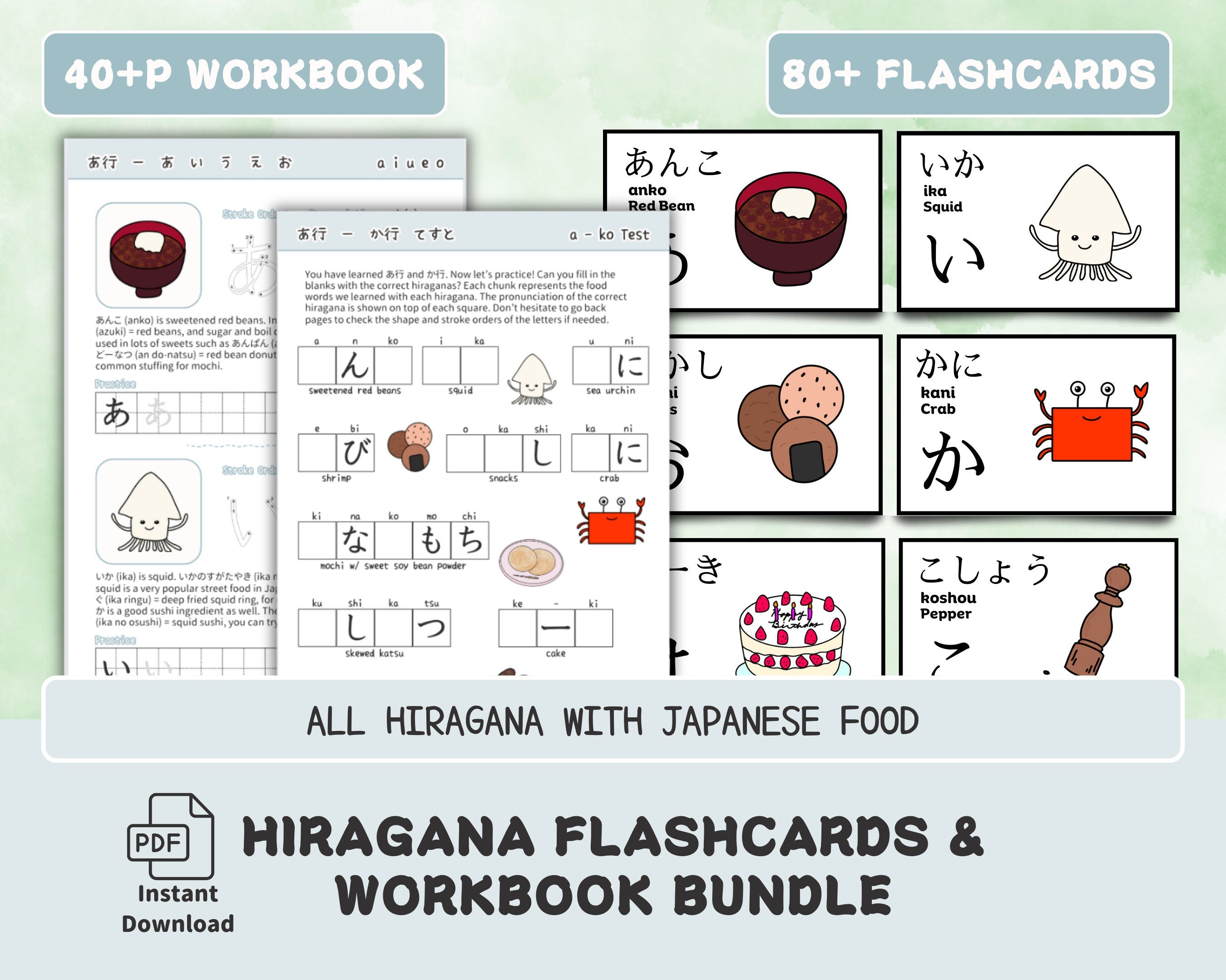 Hiragana flashcards and workbook bundle with Japanese food illustrations on a green background