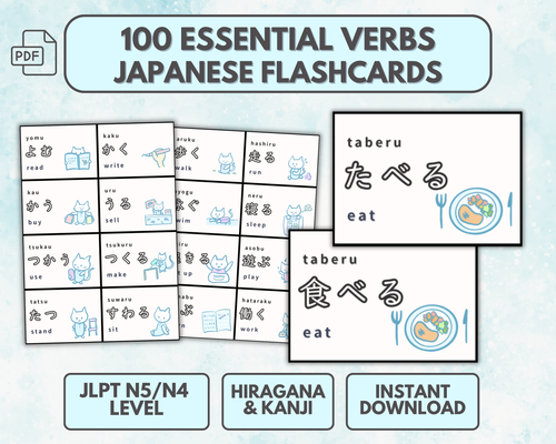Japanese flashcards for learning essential verbs with JLPT N5/N4 level, Hiragana & Kanji, and instant download options.