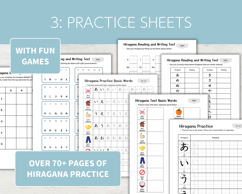 Collection of practice sheets for Hiragana with fun games on a light blue background