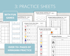 Collection of practice sheets for Hiragana with fun games on a light blue background