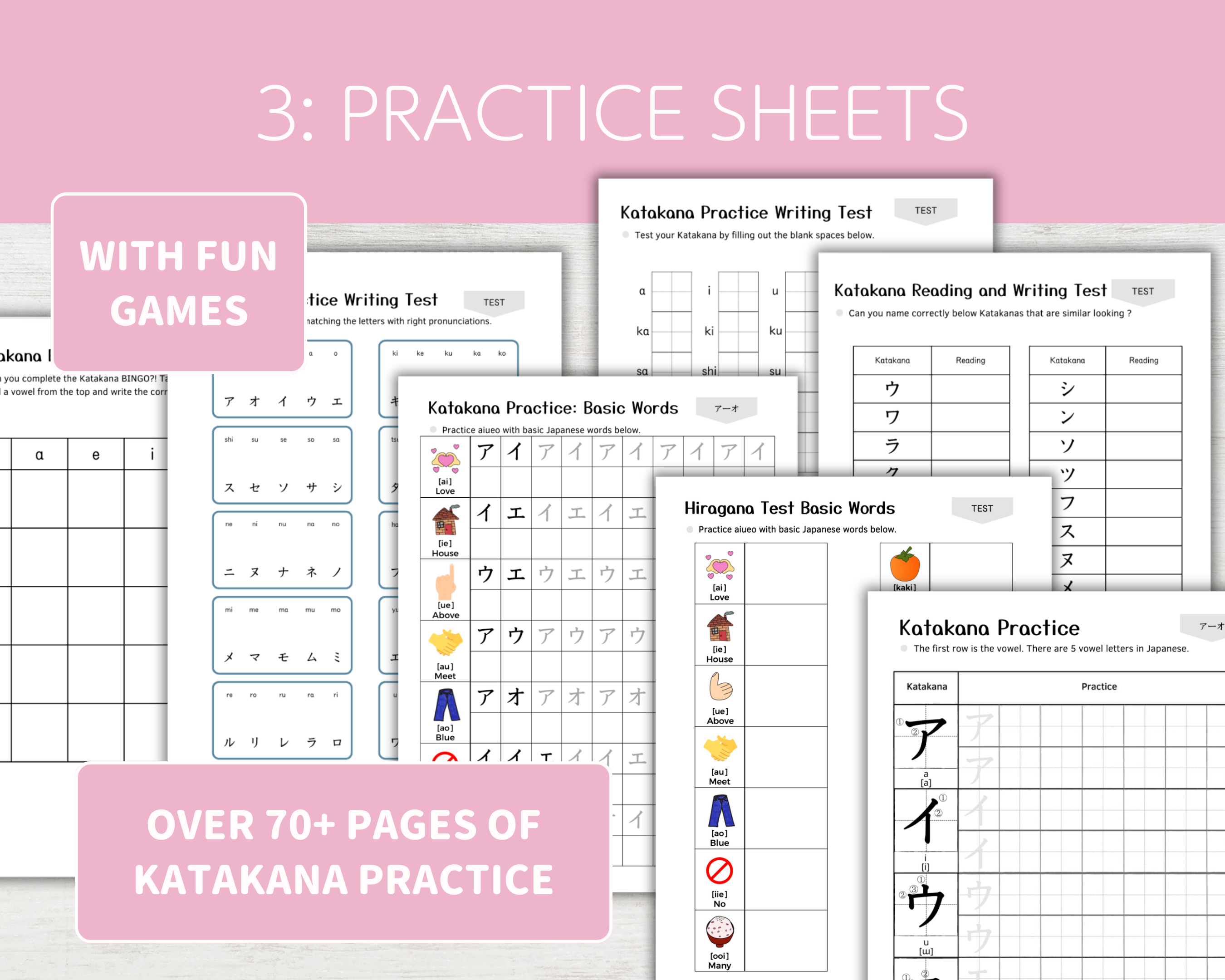 Collection of katakana practice sheets with a pink background