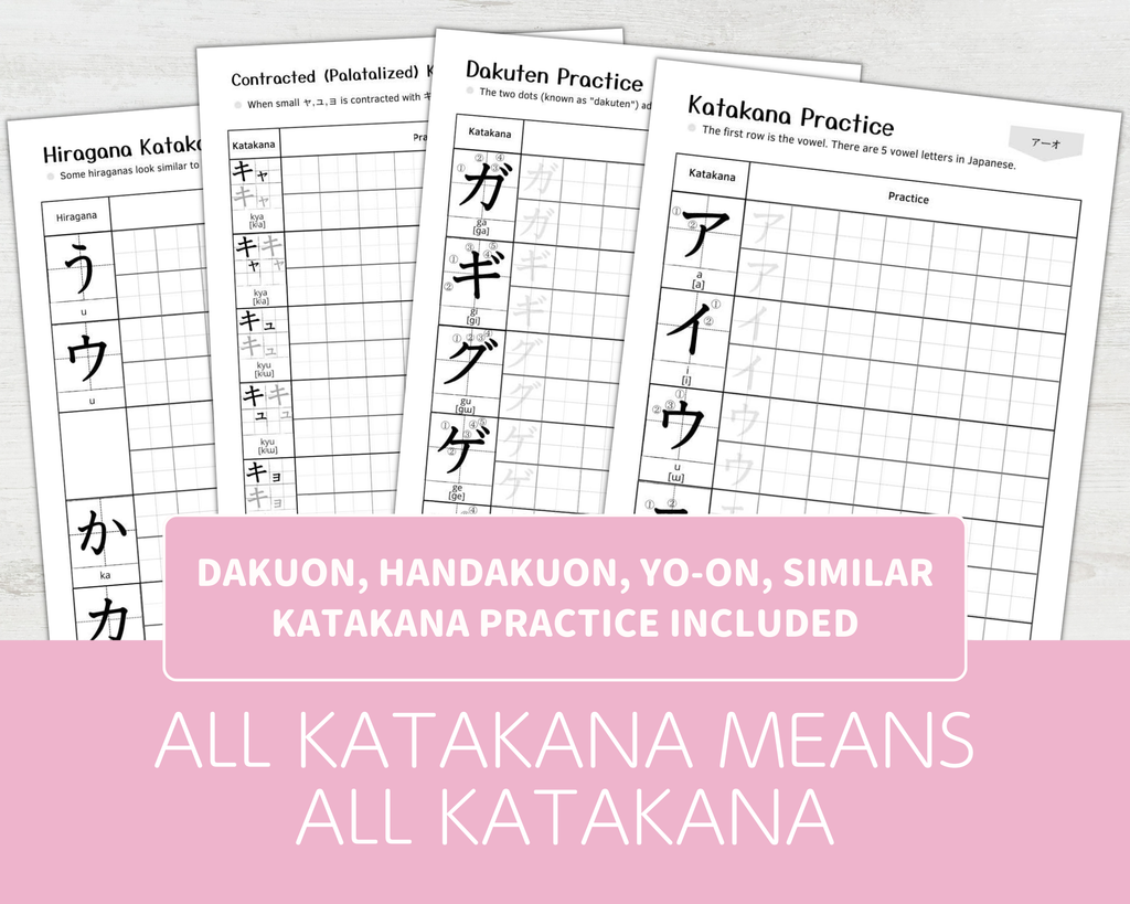 all inclusive Katakana practice sheets with introduction text on a light gray background