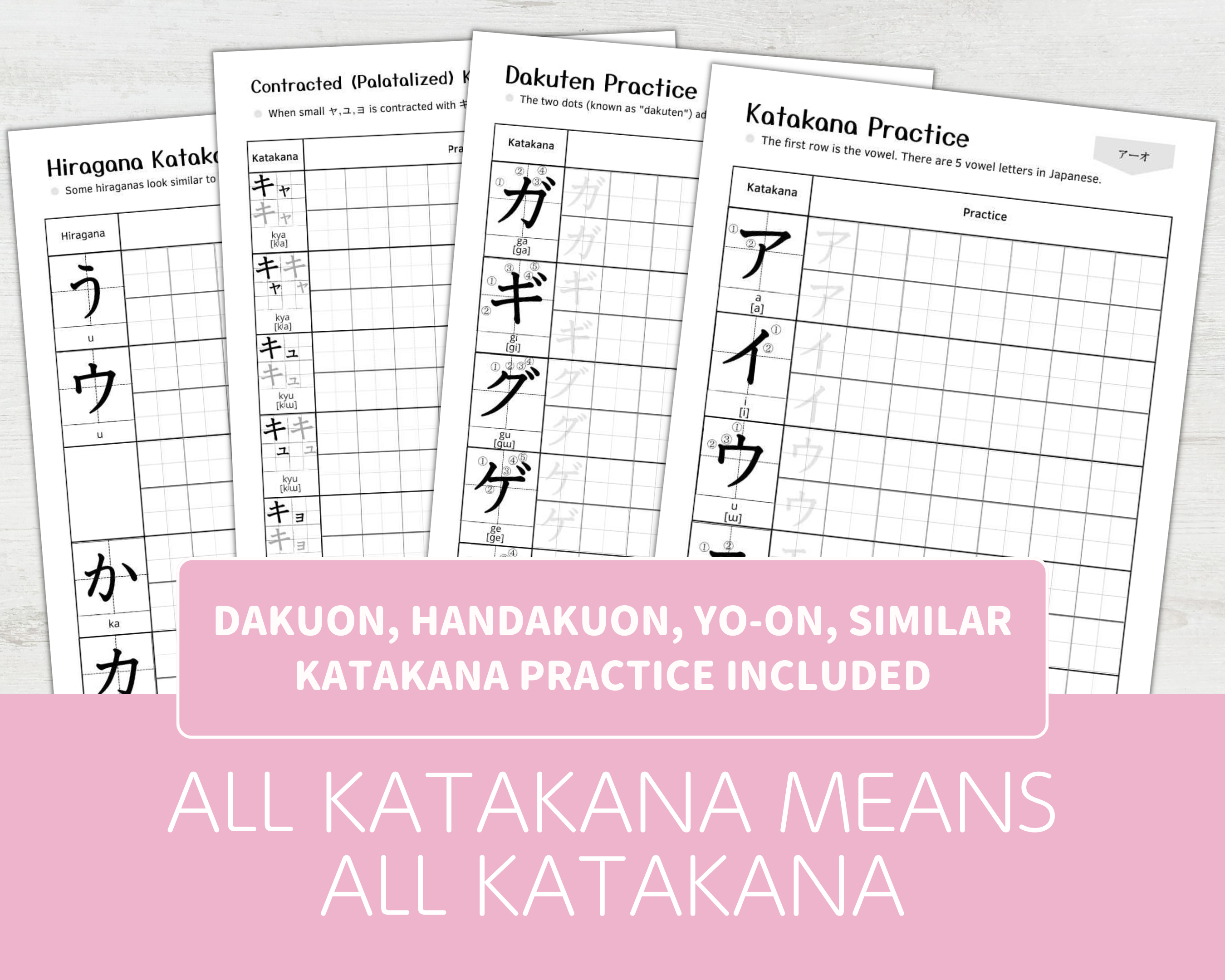 all inclusive Katakana practice sheets with introduction text on a light gray background