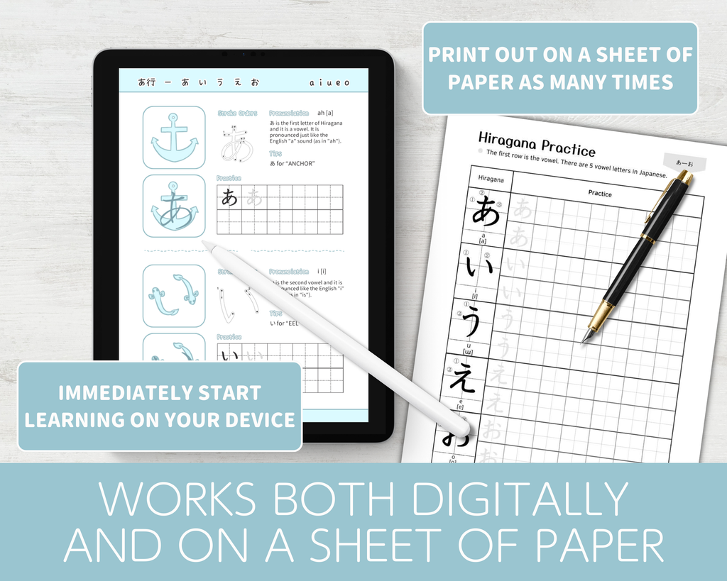 Digital and paper-based learning materials with a tablet, pen, and printed worksheet.