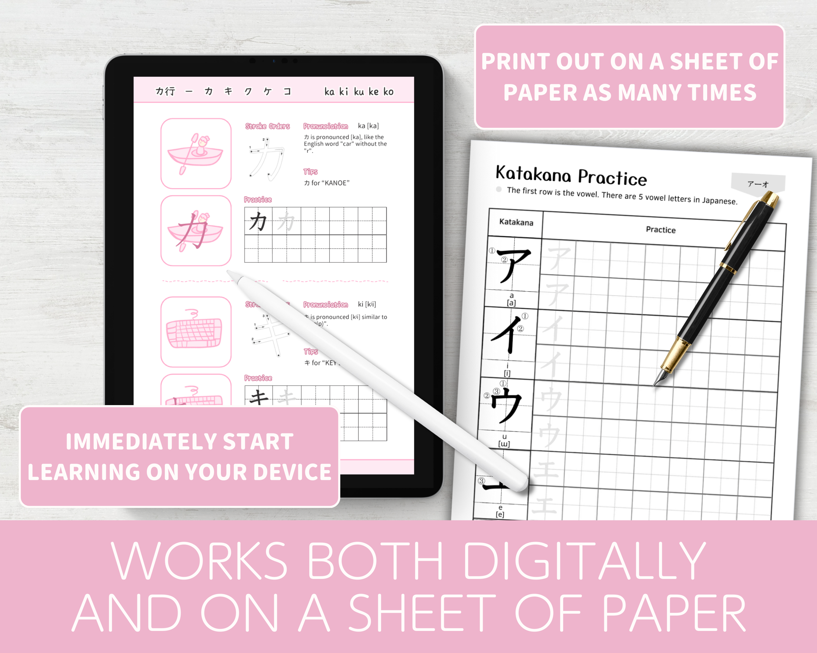 Digital and printed language practice materials with a tablet and pen on a light gray background.