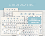 Hiragana chart with downloadable dimensions on a light blue background