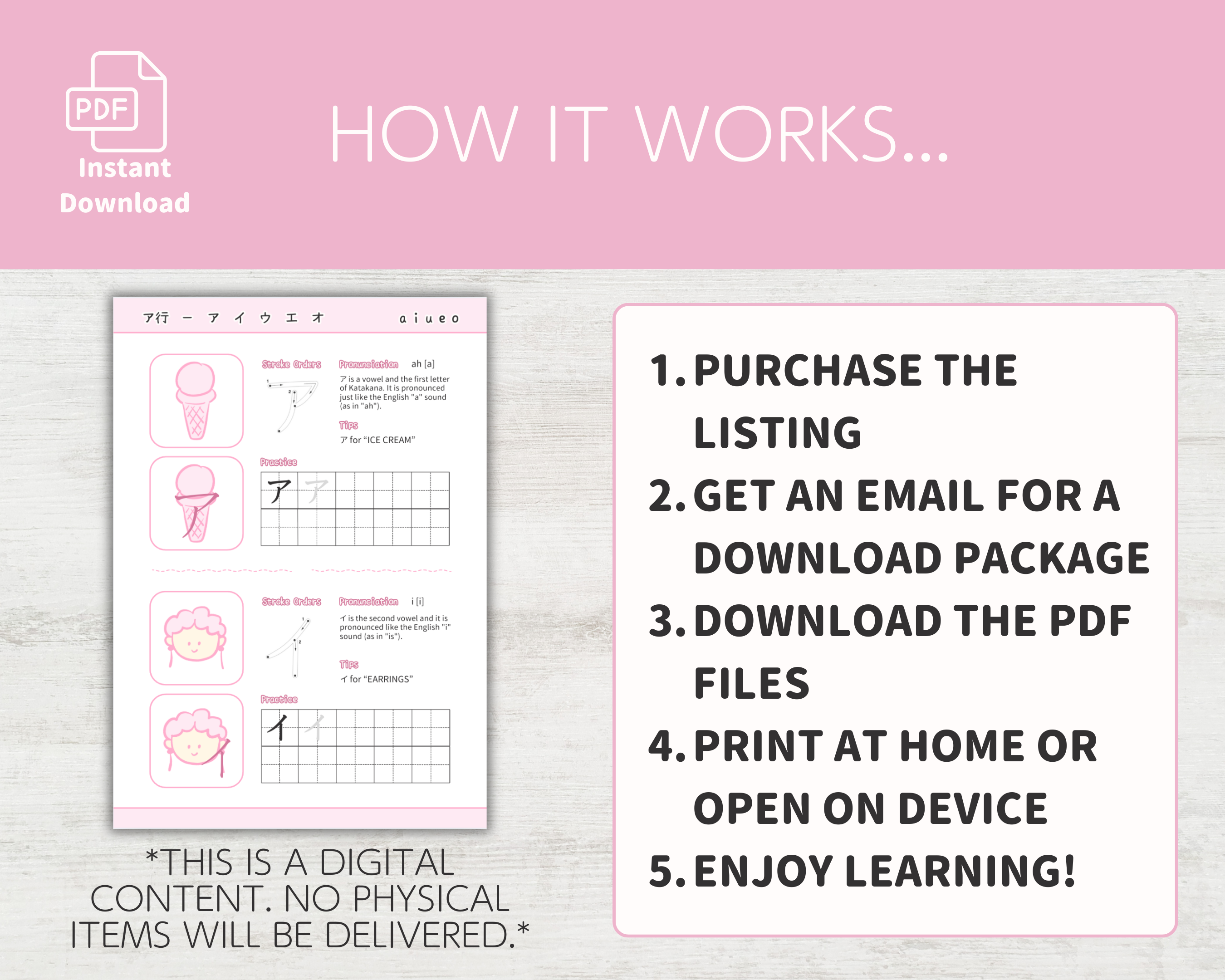 Digital product description with PDF files for learning on a pink background