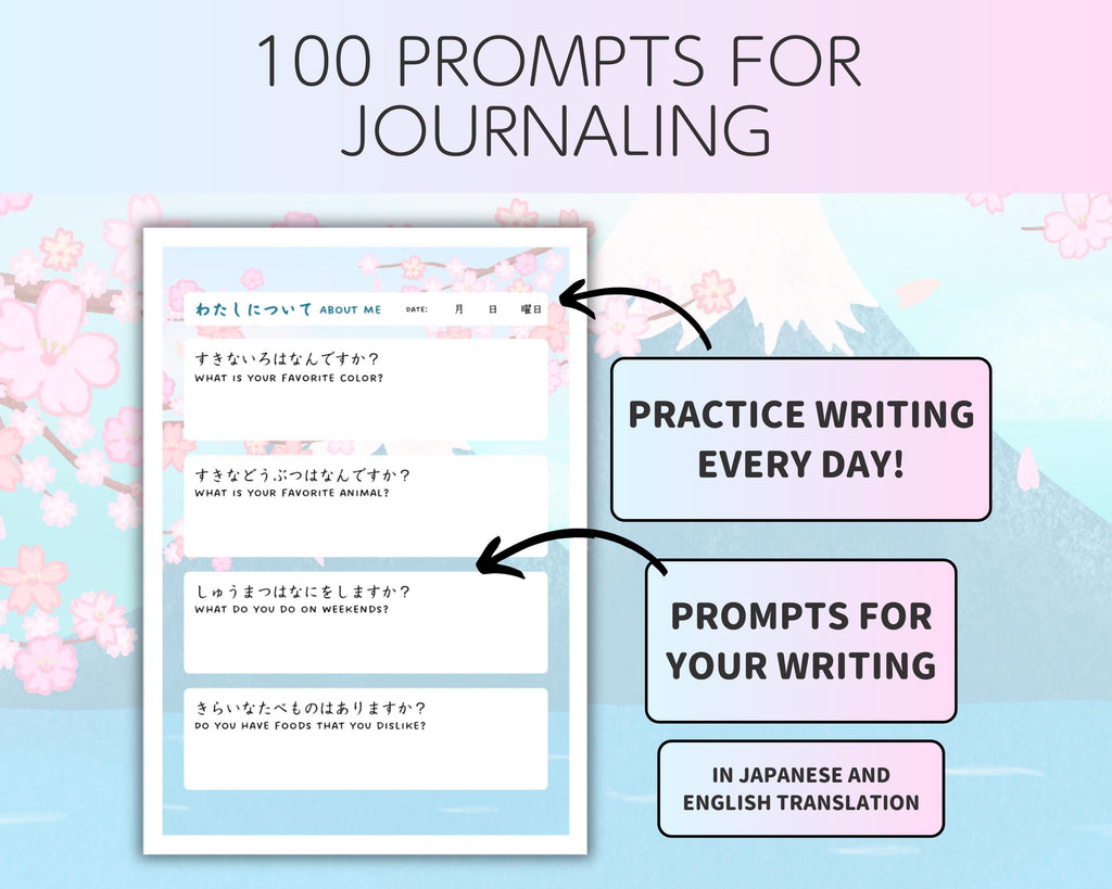 Prompts for journaling with Japanese and English translations on a light blue background with cherry blossoms.