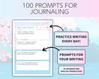 Prompts for journaling with Japanese and English translations on a light blue background with cherry blossoms.