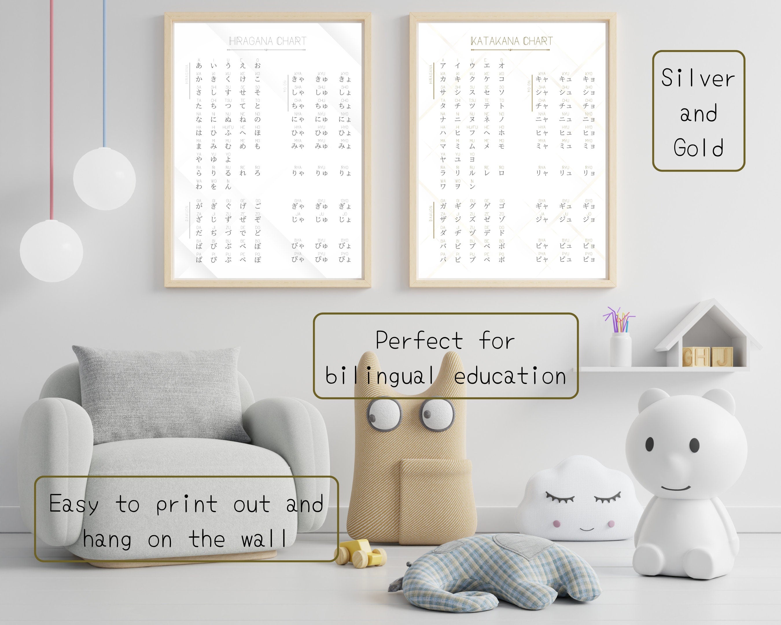 Children's room with educational posters, toys, and a chair.