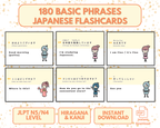 Set of Japanese flashcards with basic phrases with kanji and English translation on cute illustration.
