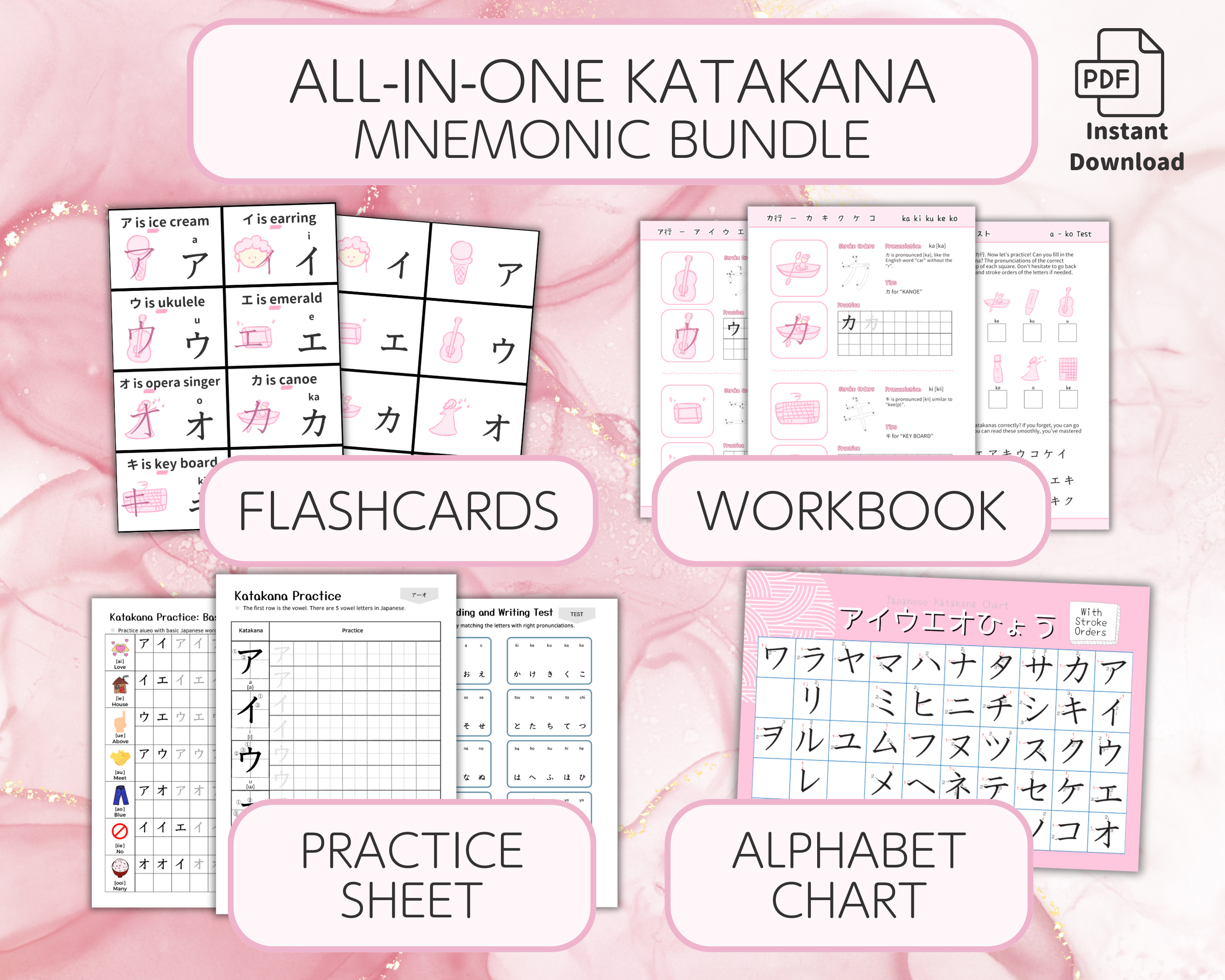 All-in-one Katakana Mnemonic Bundle with flashcards, workbook, practice sheet, and alphabet chart on a pink background.