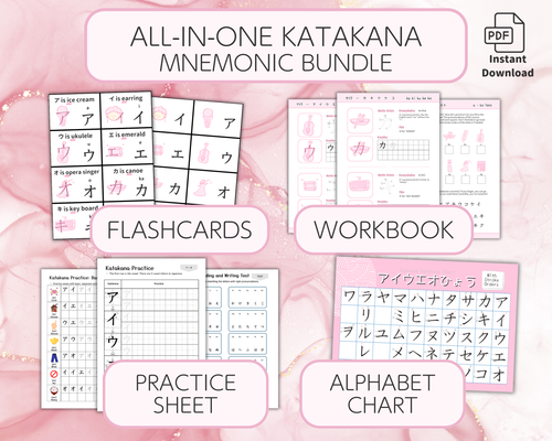 All-in-one Katakana Mnemonic Bundle with flashcards, workbook, practice sheet, and alphabet chart on a pink background.