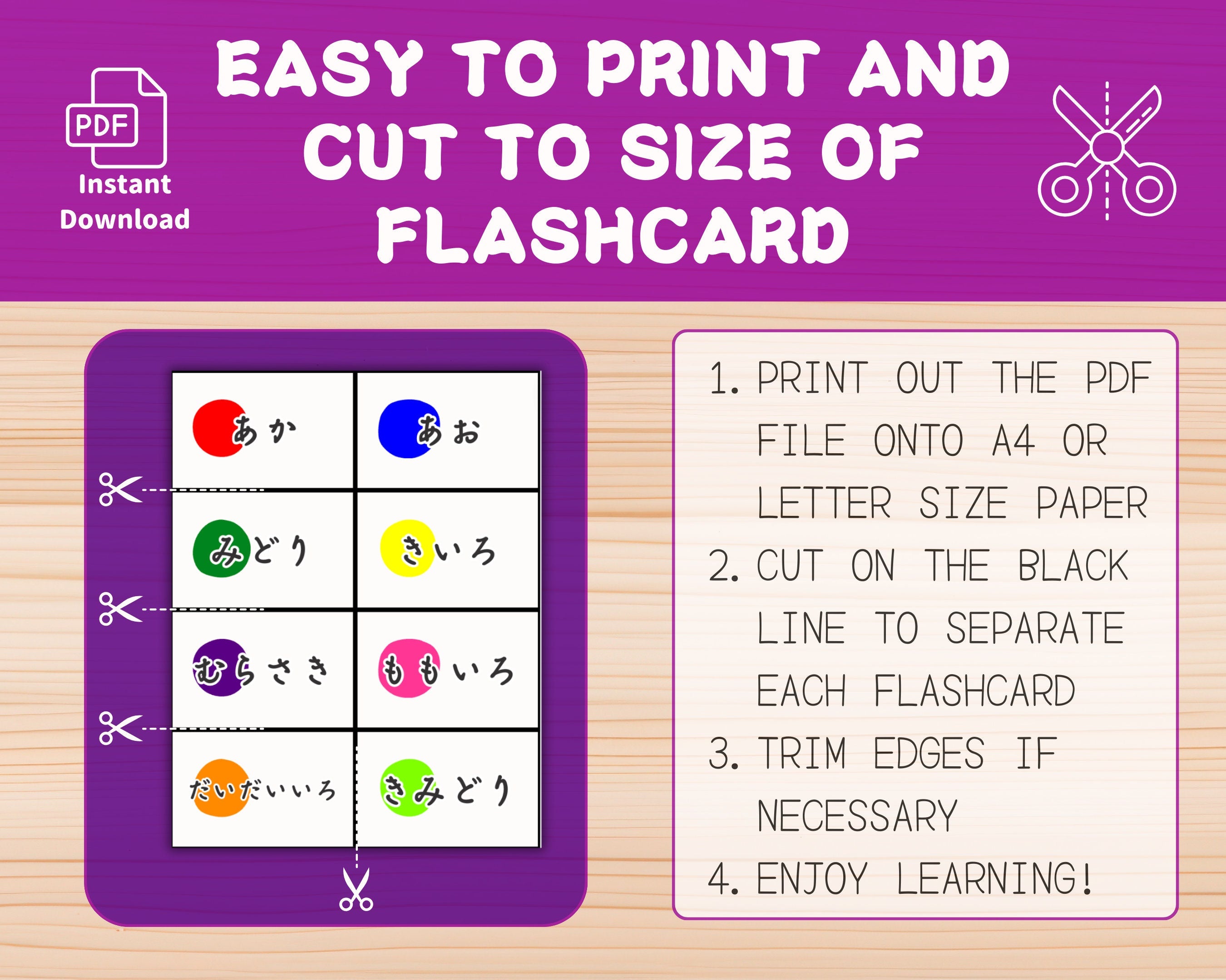 Flashcard template with instructions on a purple background