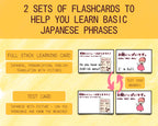 Flashcard sets for learning basic Japanese phrases with English translations on a yellow background.