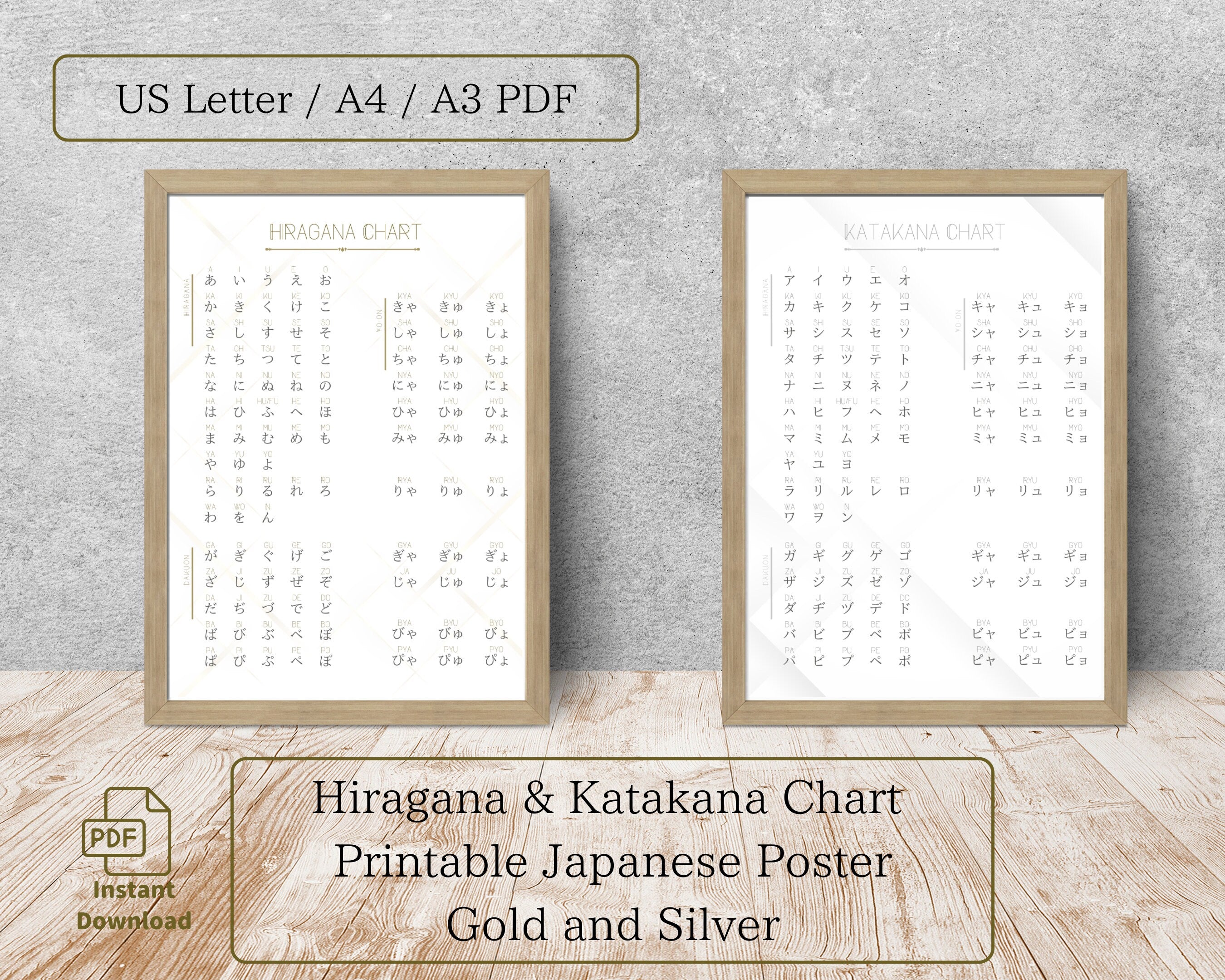 Two framed Hiragana & Katakana Chart posters on a wooden surface with a gray wall background.