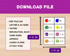 Informational graphic about PDF file size and card dimensions on a wooden surface with a purple border.