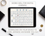 Tablet displaying a Japanese learning app with text encouraging digital learning.