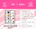 Instructions for a digital product on a pink background with text and icons.