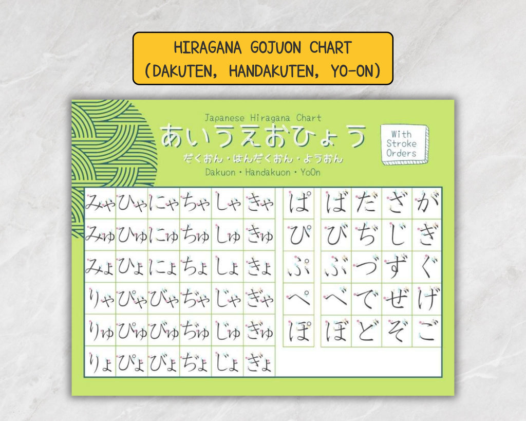 Japanese Hiragana chart on a textured gray background
