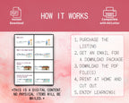 Instructions for using digital content on a pink background with text and icons.