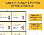 Promotional graphic for learning essential Japanese phrases with cartoon characters and text.