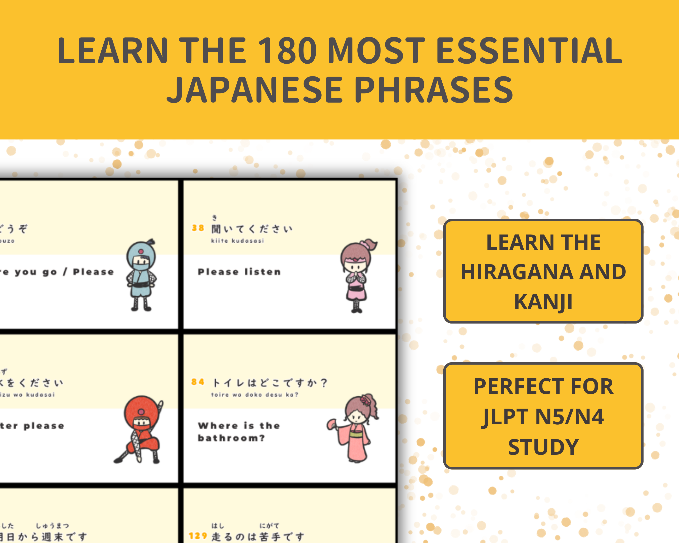 Promotional graphic for learning essential Japanese phrases with cartoon characters and text.