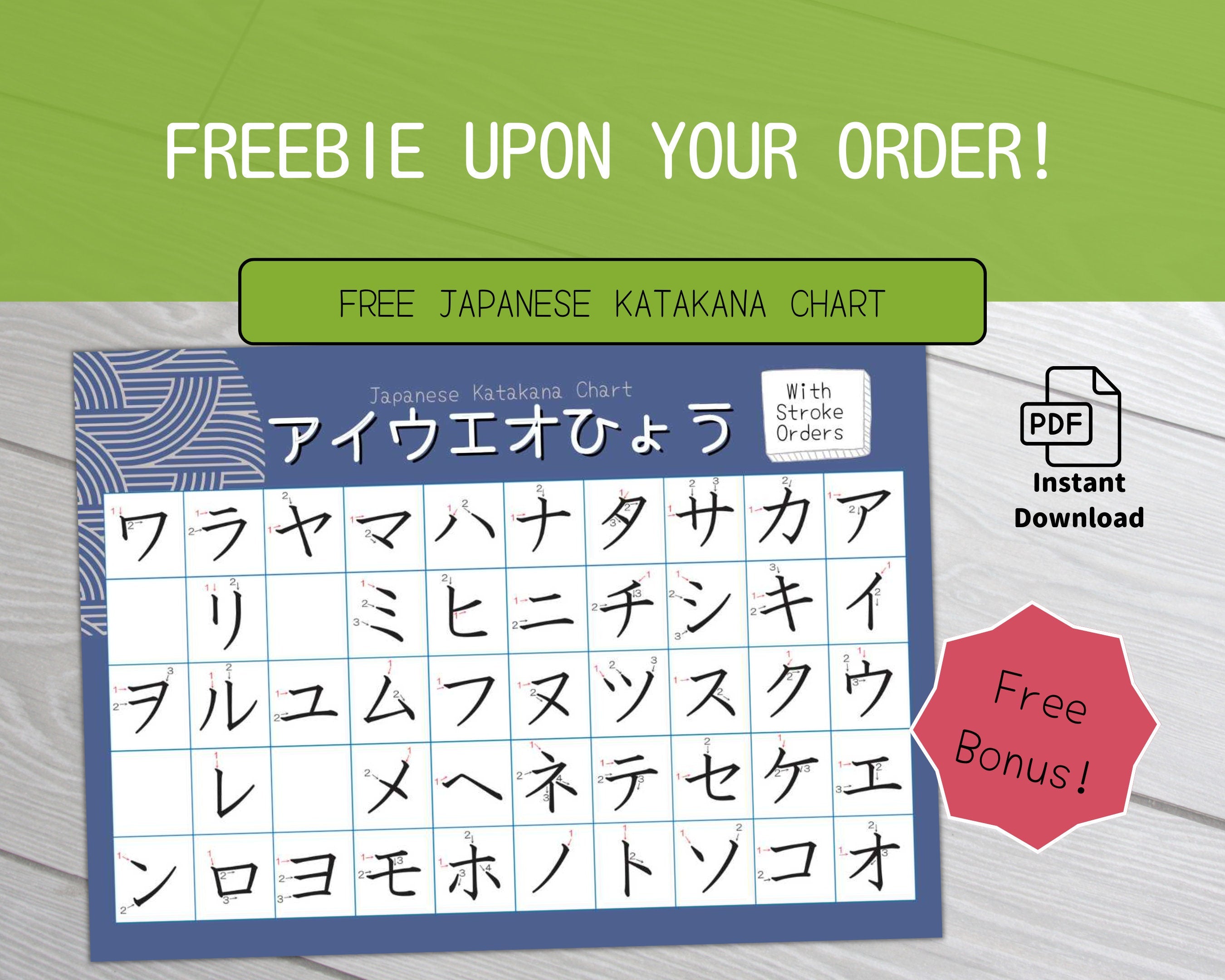 Japanese katakana chart with promotional text for a free download on a green and gray background