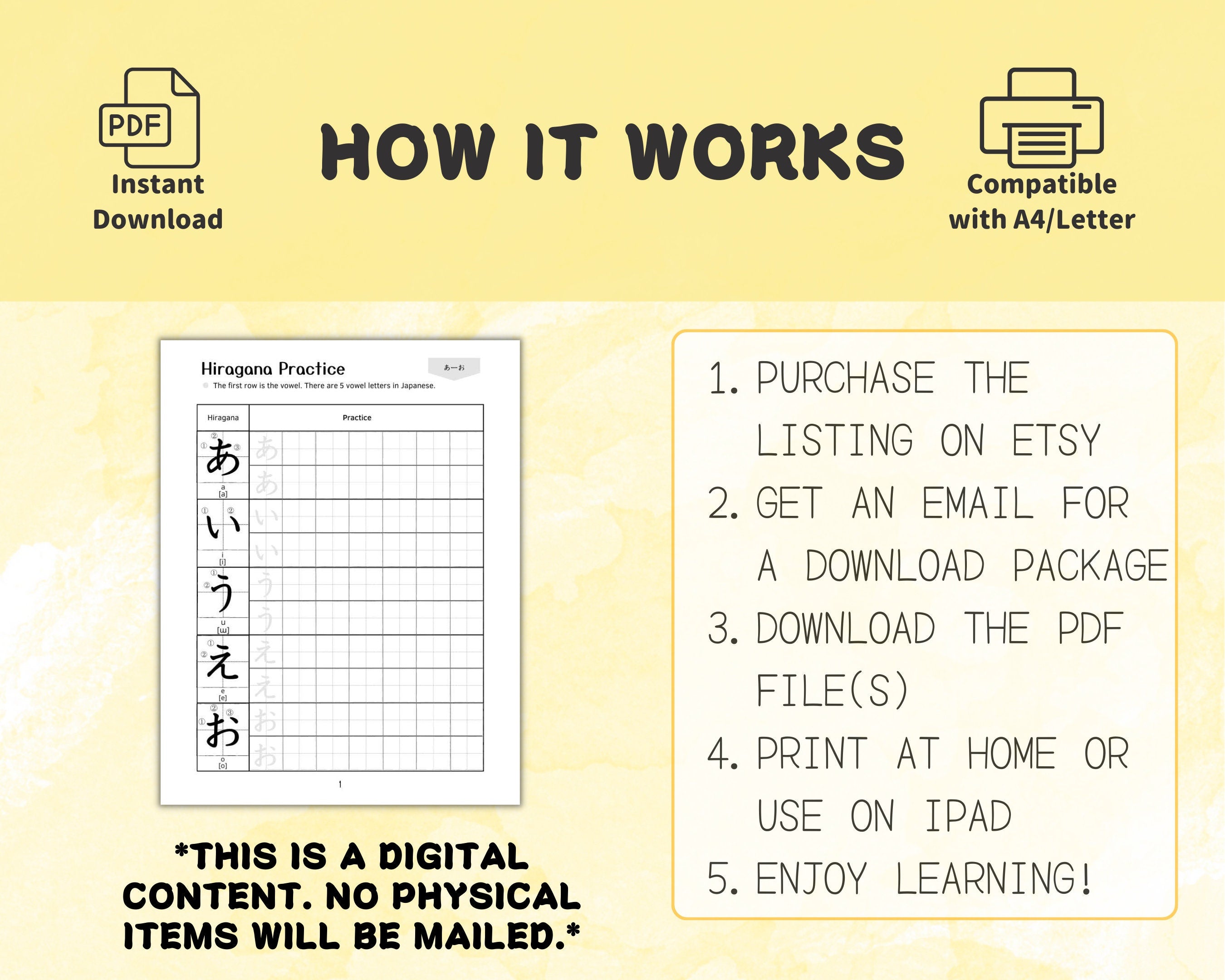 Digital product description for Hiragana practice sheets on a yellow background