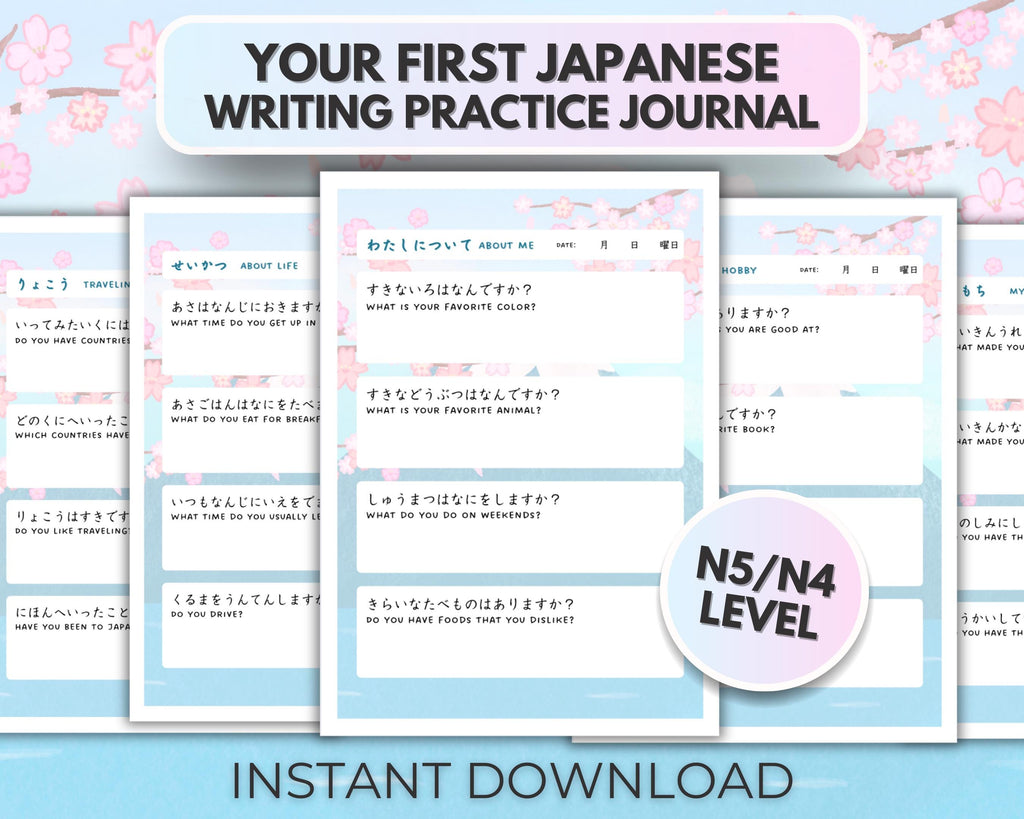 Your First Japanese Writing Practice Journal with sample pages on a light blue background with cherry blossoms.