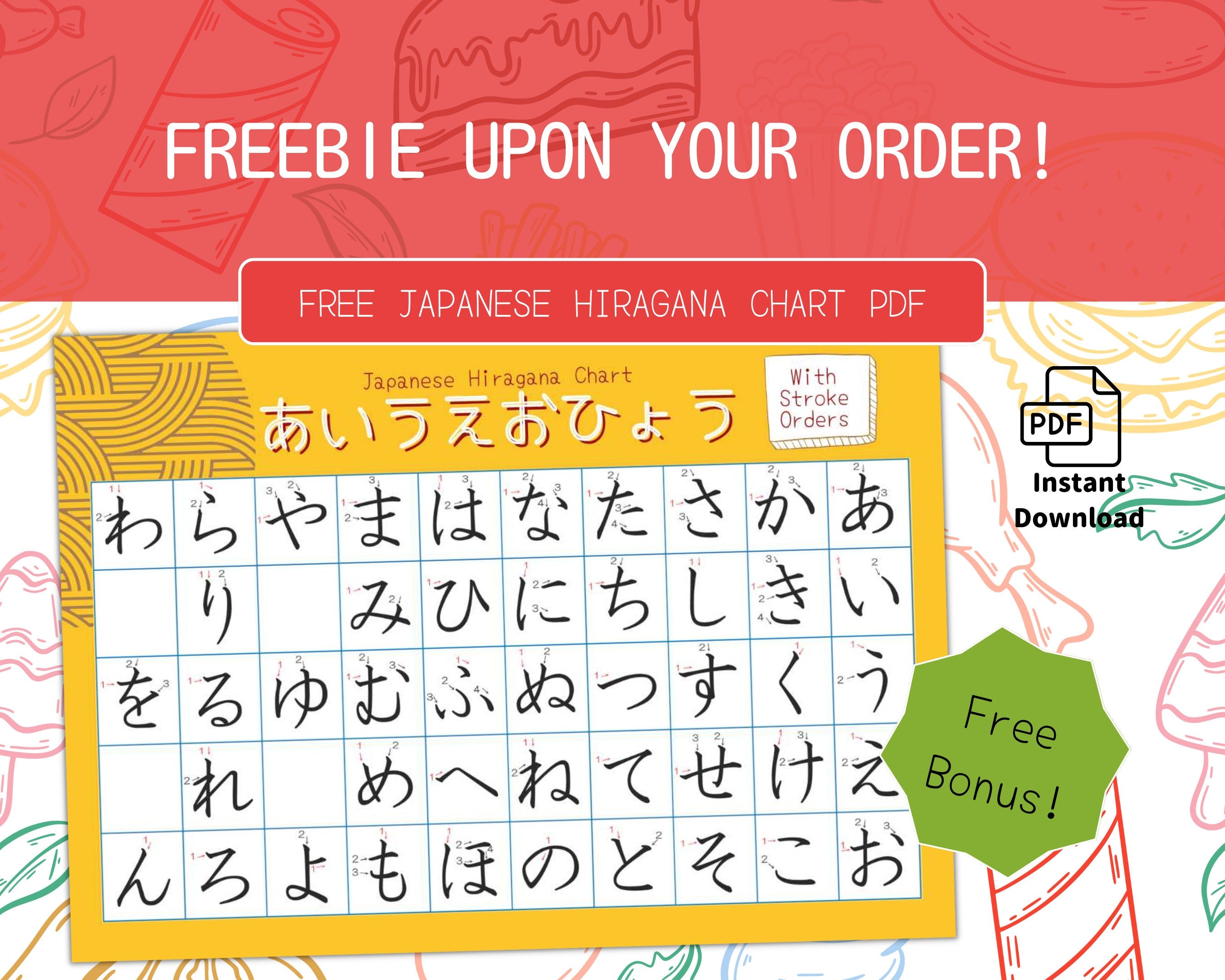 Free Japanese Hiragana chart PDF offer with colorful design and text.