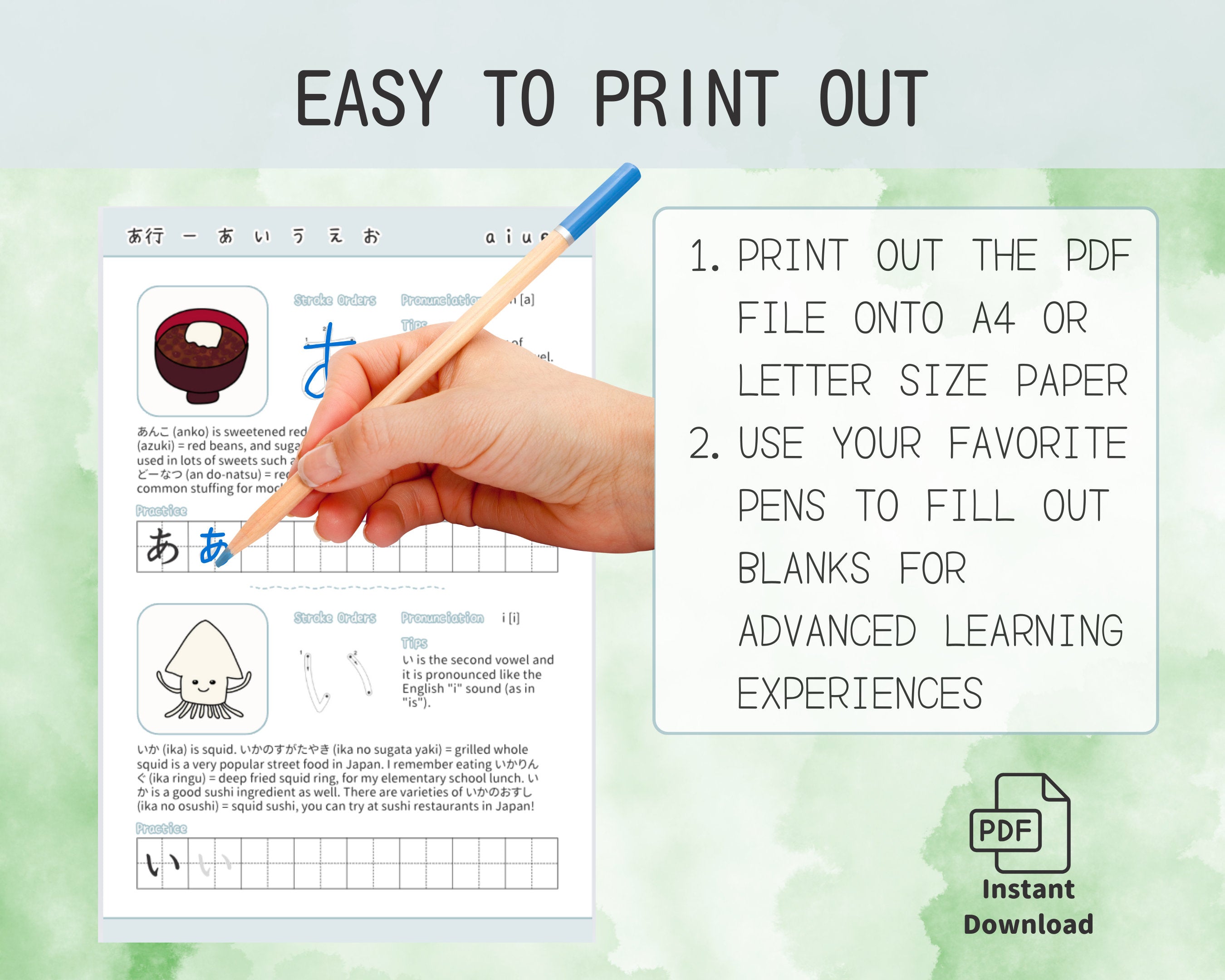 Hand holding a pen over a worksheet with text and graphics, on a light green background.