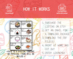 Instructions for a digital product on a colorful background with illustrations of food.