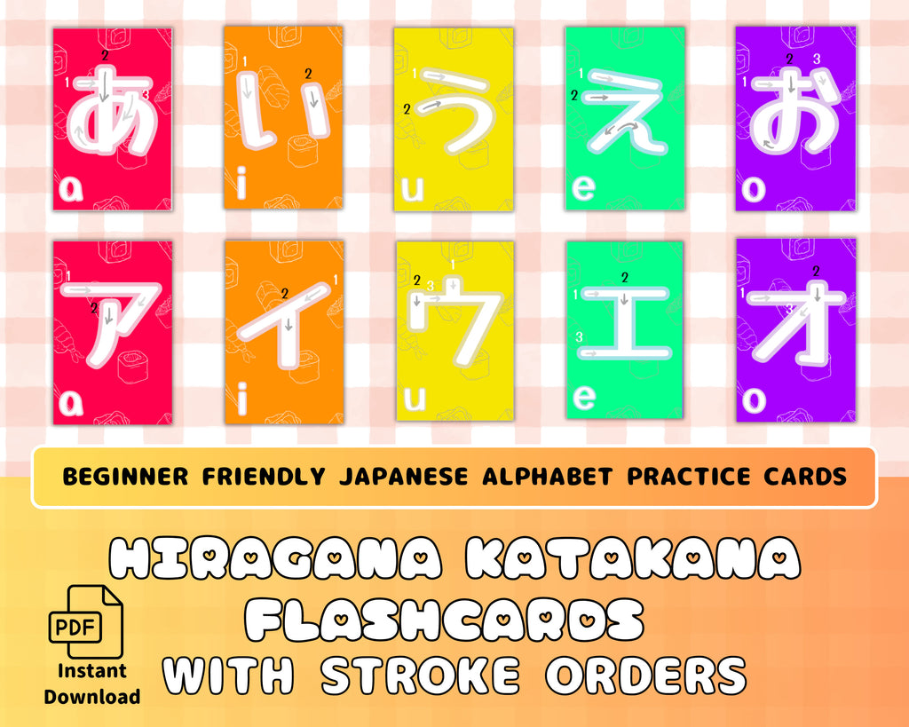 Set of colorful flashcards with Japanese Hiragana and Katakana characters on a checkered background.