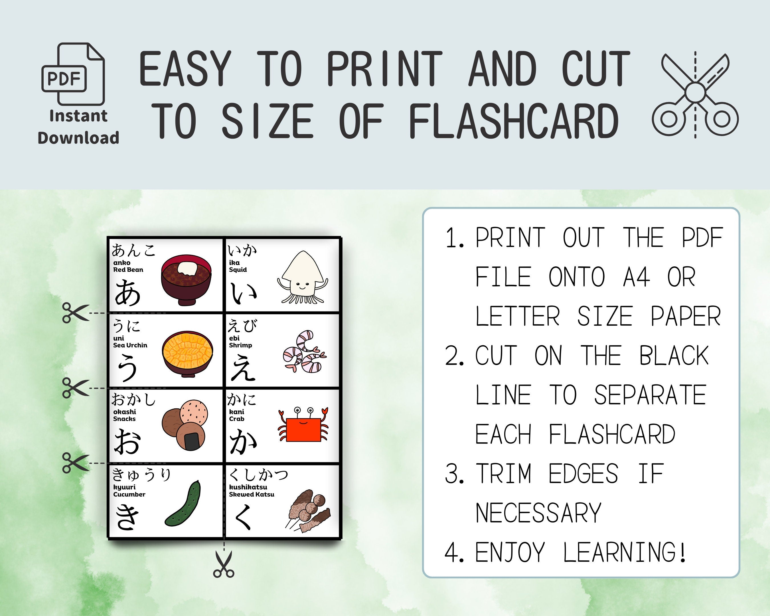 Instructions for printing and cutting flashcards from a PDF file onto A4 or letter size paper.
