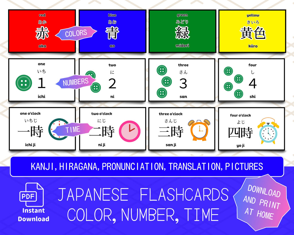 Set of Japanese flashcards for learning colors, numbers, and time with text and graphics.