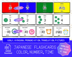 Set of Japanese flashcards for learning colors, numbers, and time with text and graphics.