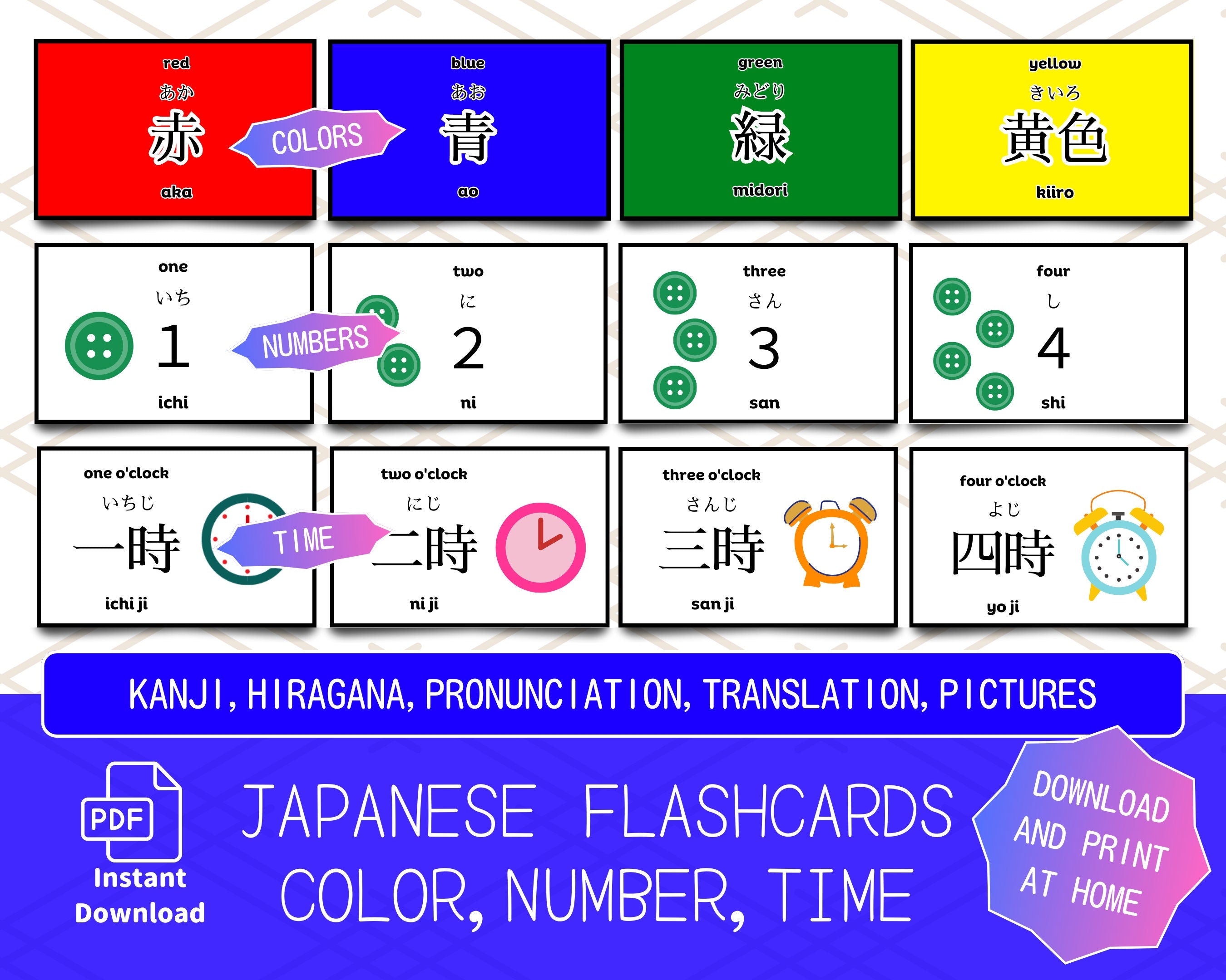 Set of Japanese flashcards for learning colors, numbers, and time with text and graphics.