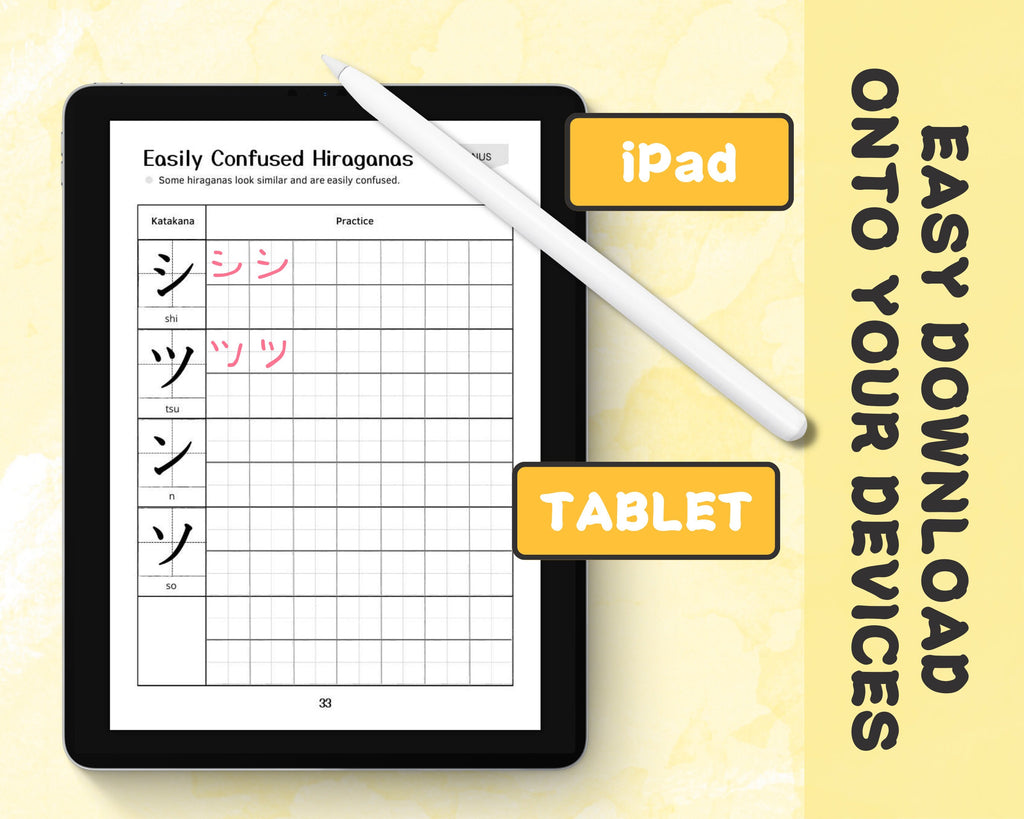 iPad with a Japanese language learning app on screen, stylus on top, on a yellow background with text about downloading onto devices.