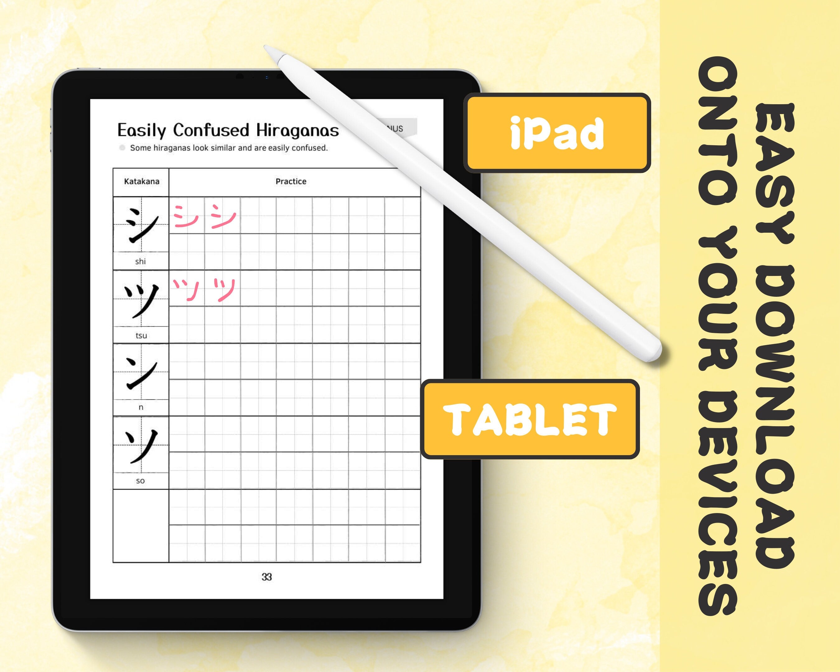 iPad with a Japanese language learning app on screen, stylus on top, on a yellow background with text about downloading onto devices.