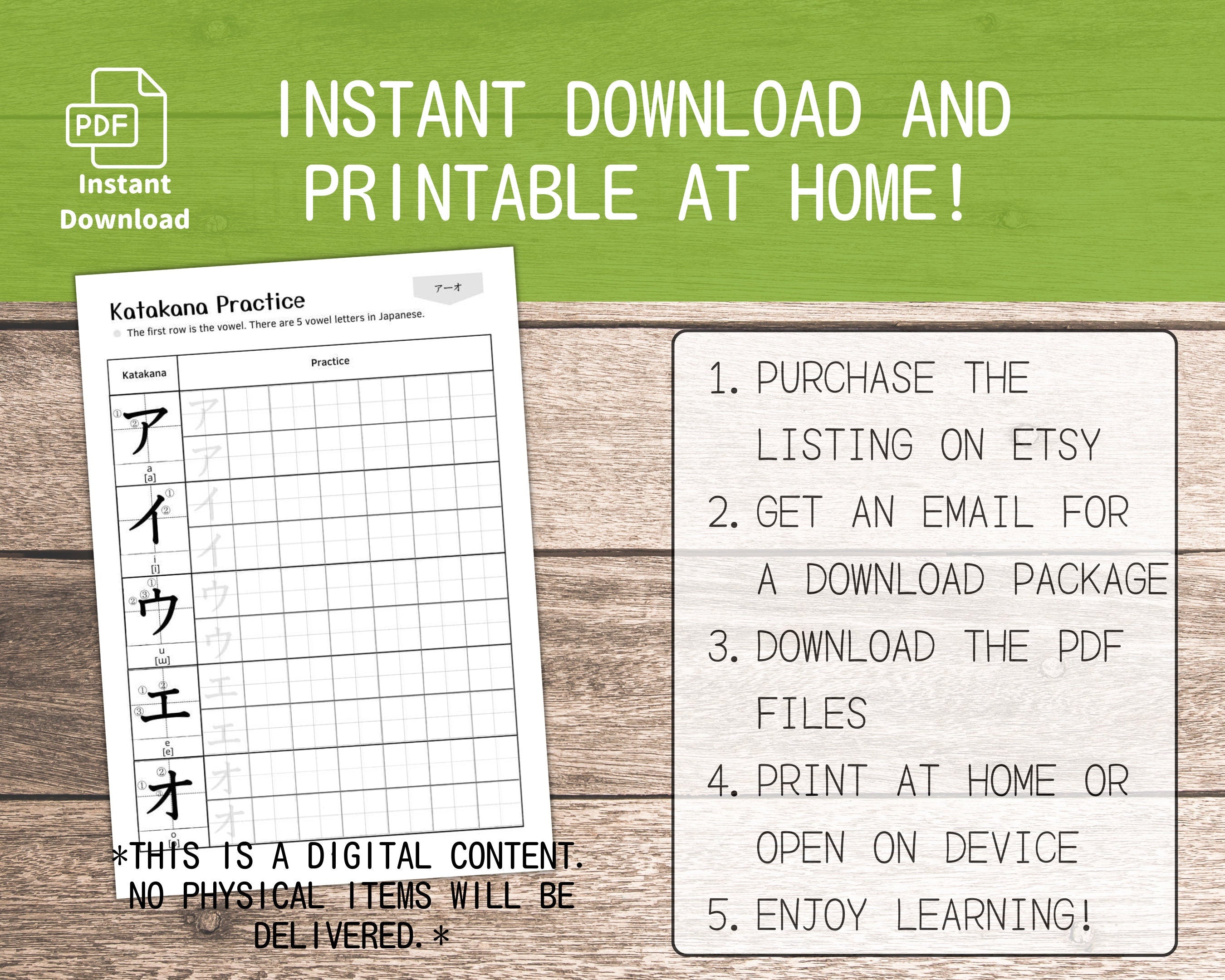 Katakana practice sheet with instructions for instant download and printing on a wooden surface.