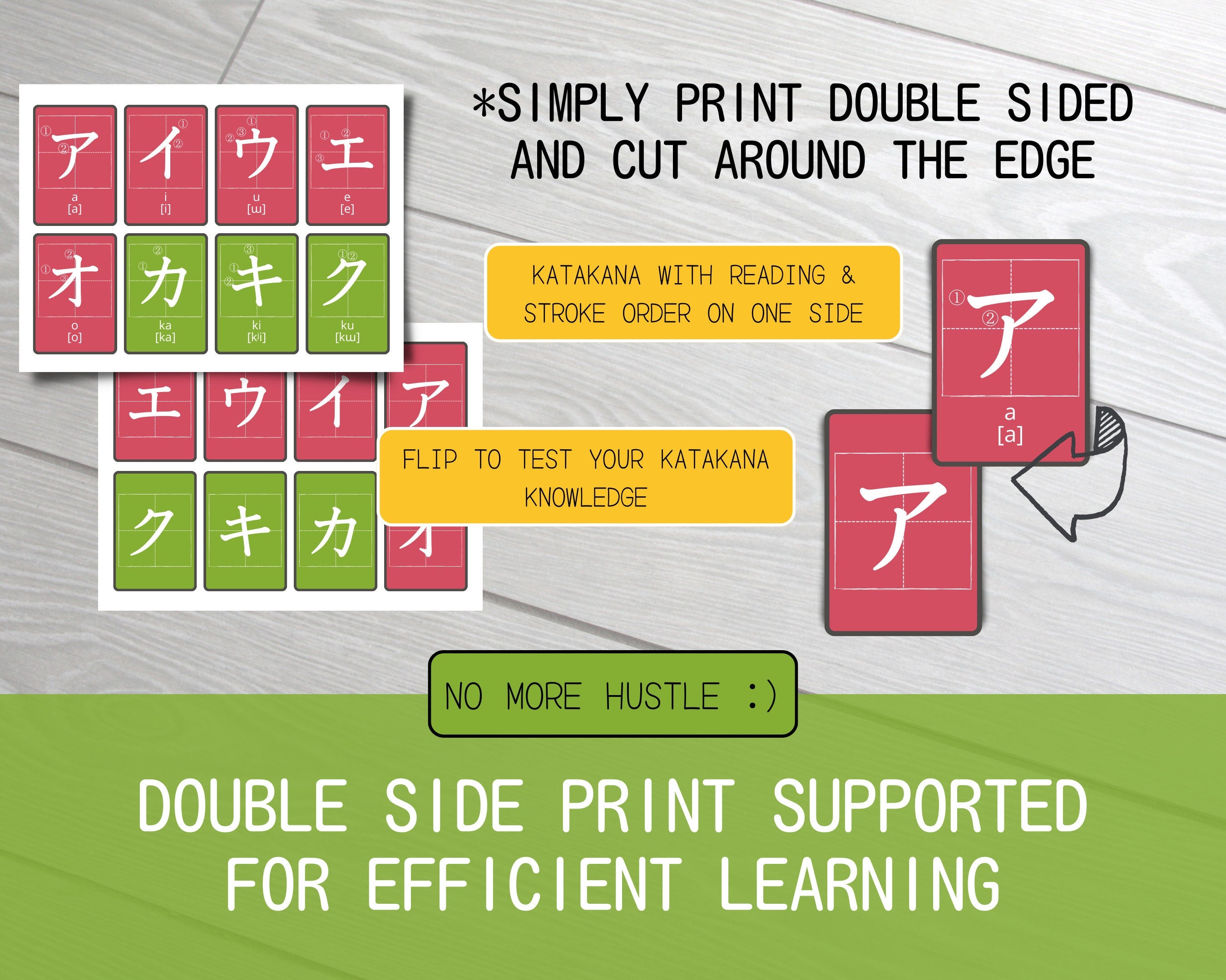 Katakana flashcards with text instructions on a gray background