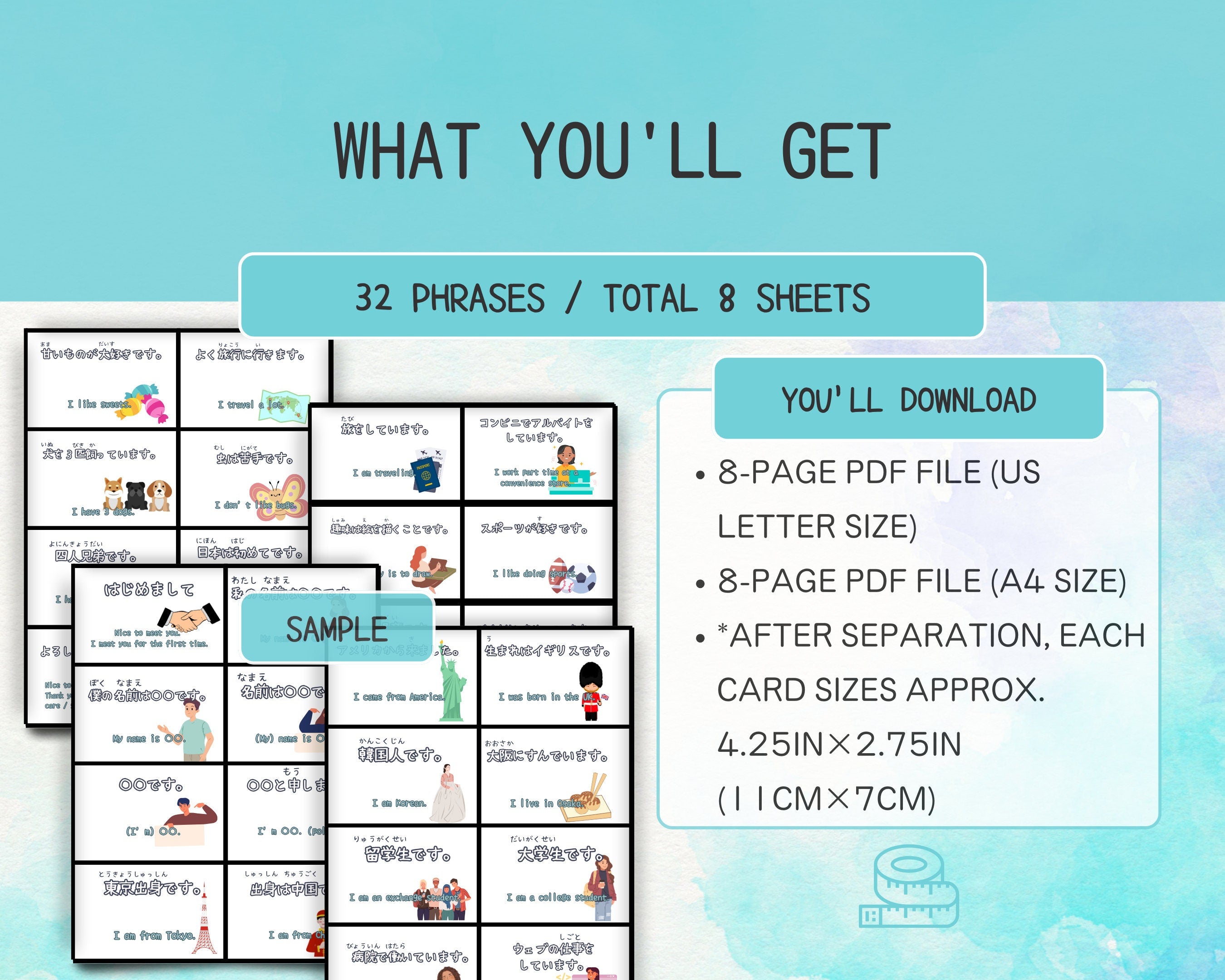 Product description of a set of flashcards with text on a blue background