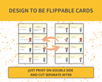 Flippable card design with cartoon characters on a yellow background