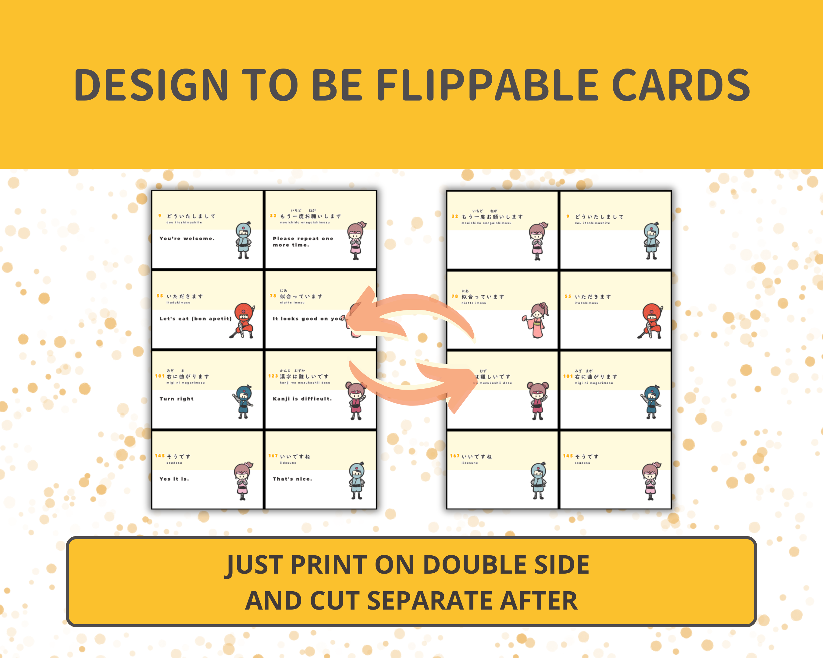 Flippable card design with cartoon characters on a yellow background