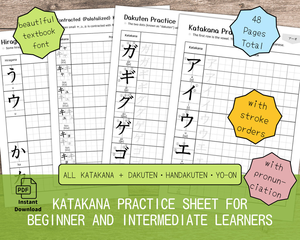 Katakana practice sheets for beginner and intermediate learners with text and graphics on a wooden surface.