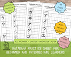Katakana practice sheets for beginner and intermediate learners with text and graphics on a wooden surface.